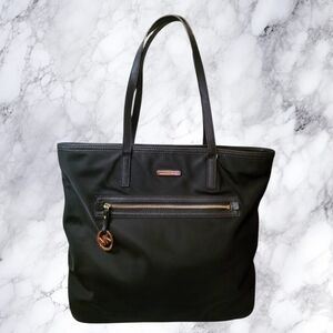 Michael Kors Black Nylon Tote Bag Large MK Zip Travel Work Shoulder Bag